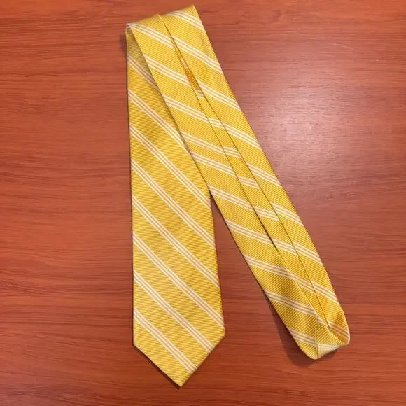 Brooks Brothers Men's Yellow w/White Diagonal Stripe English Silk Tie Preppy - Picture 7 of 11